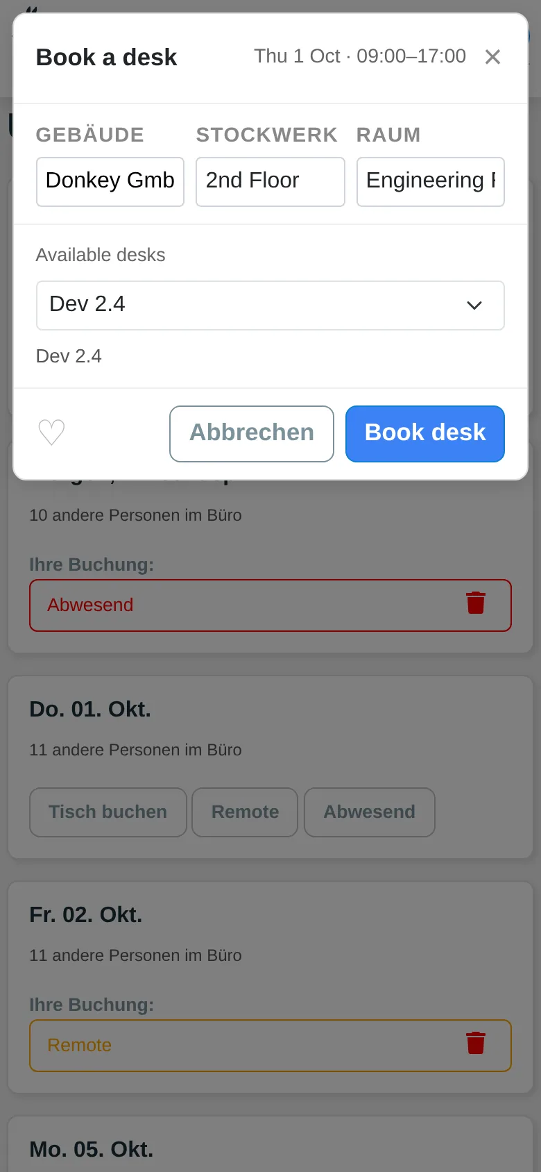 Buchungsdialog mit Auswahl von Gebäude, Stockwerk, Raum und Tisch (Smartphone)