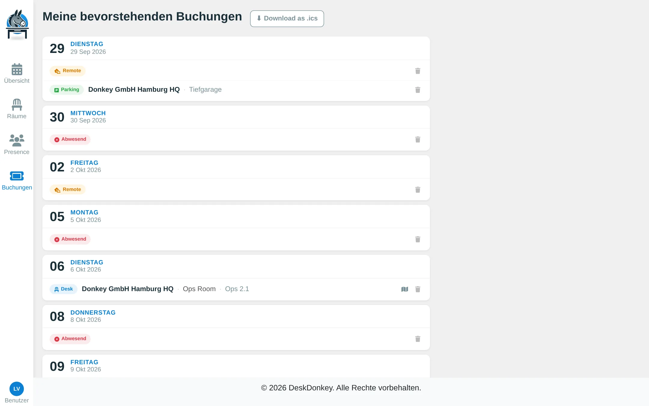 Liste der eigenen Buchungen inklusive Parkplatz und Kalenderexport (Desktop)