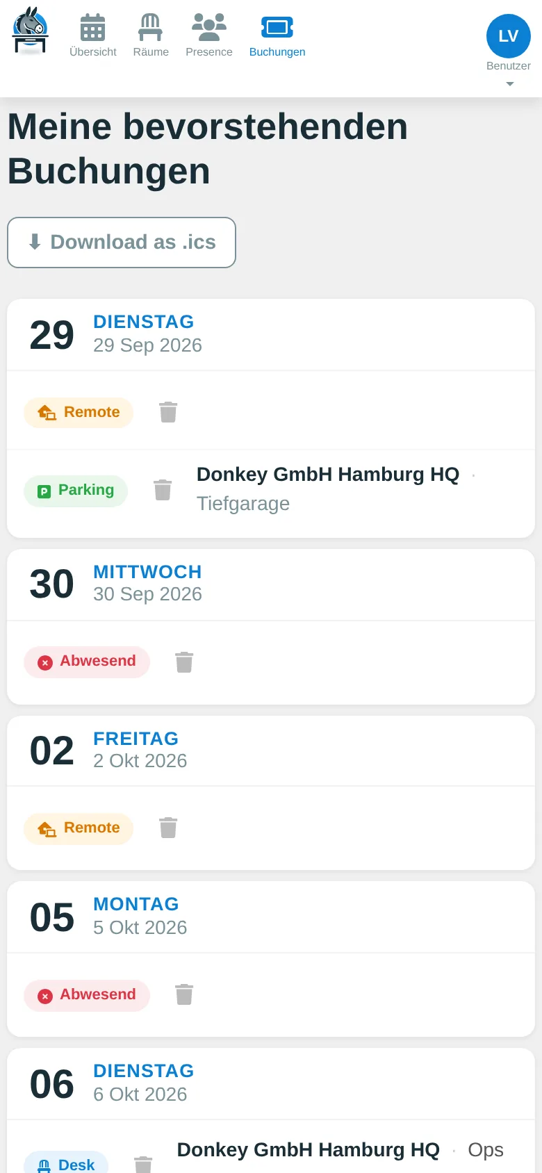 Liste der eigenen Buchungen inklusive Parkplatz und Kalenderexport (Smartphone)