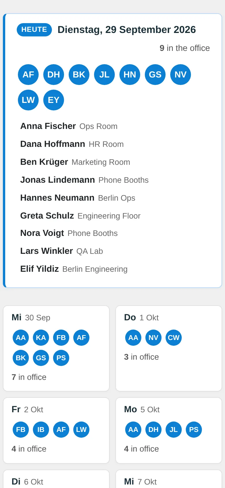 Anwesenheitsansicht: wer an welchem Tag im Büro ist (Smartphone)
