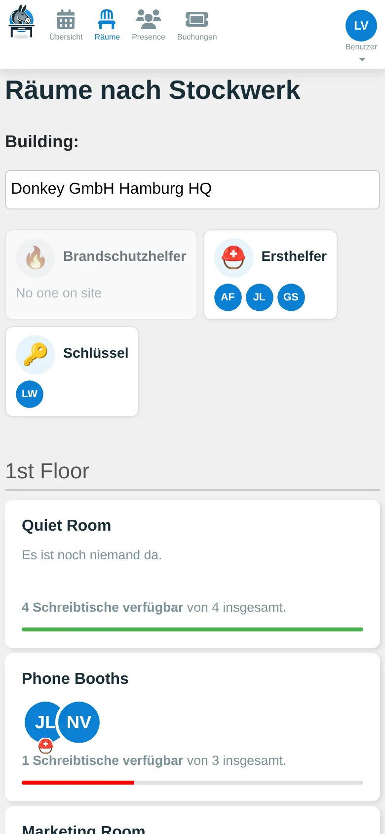Raumübersicht mit Auslastung, Grundriss und Ersthelfern vor Ort (Smartphone)